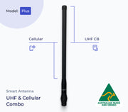 Smart antenna with UHF and Cellular combo label, featuring an Australian Made and Owned logo.